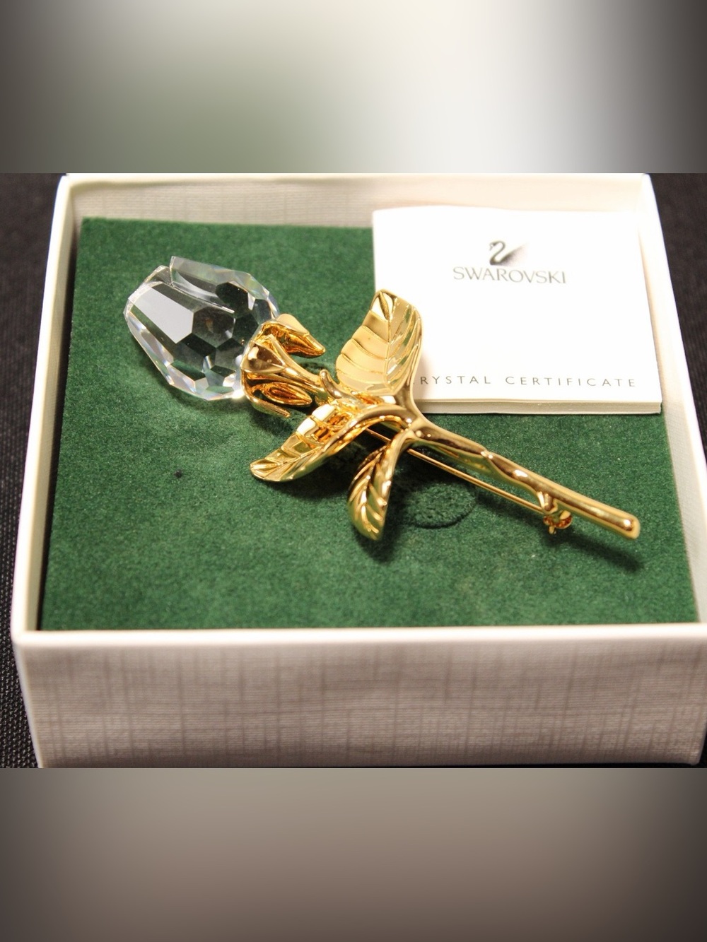 Swarovski Crystal Rose Brooch Gold Tone Flower with Box and Certificate